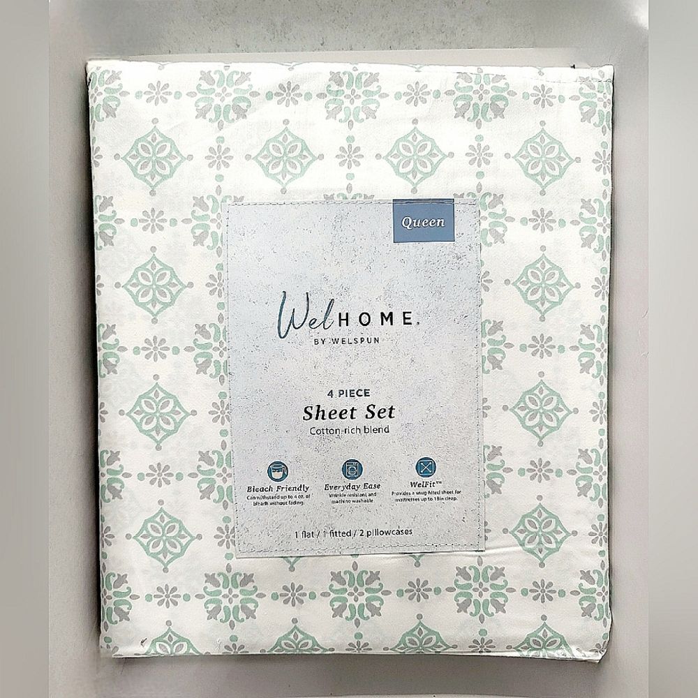 Welhome Cotton Rich Sateen 320TC Ditsy Medallion 4pc Sheet Set Deep Fit, Queen - Picture 7 of 8